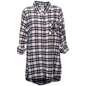women's flannel nightshirt white, blue, gray plaid, Penn State Athletic Logo on pocket
